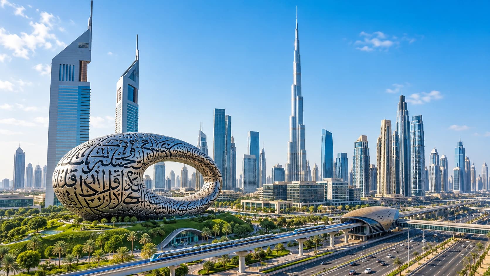 Dubai skyline and Burj Khalifa in the United Arab Emirates
