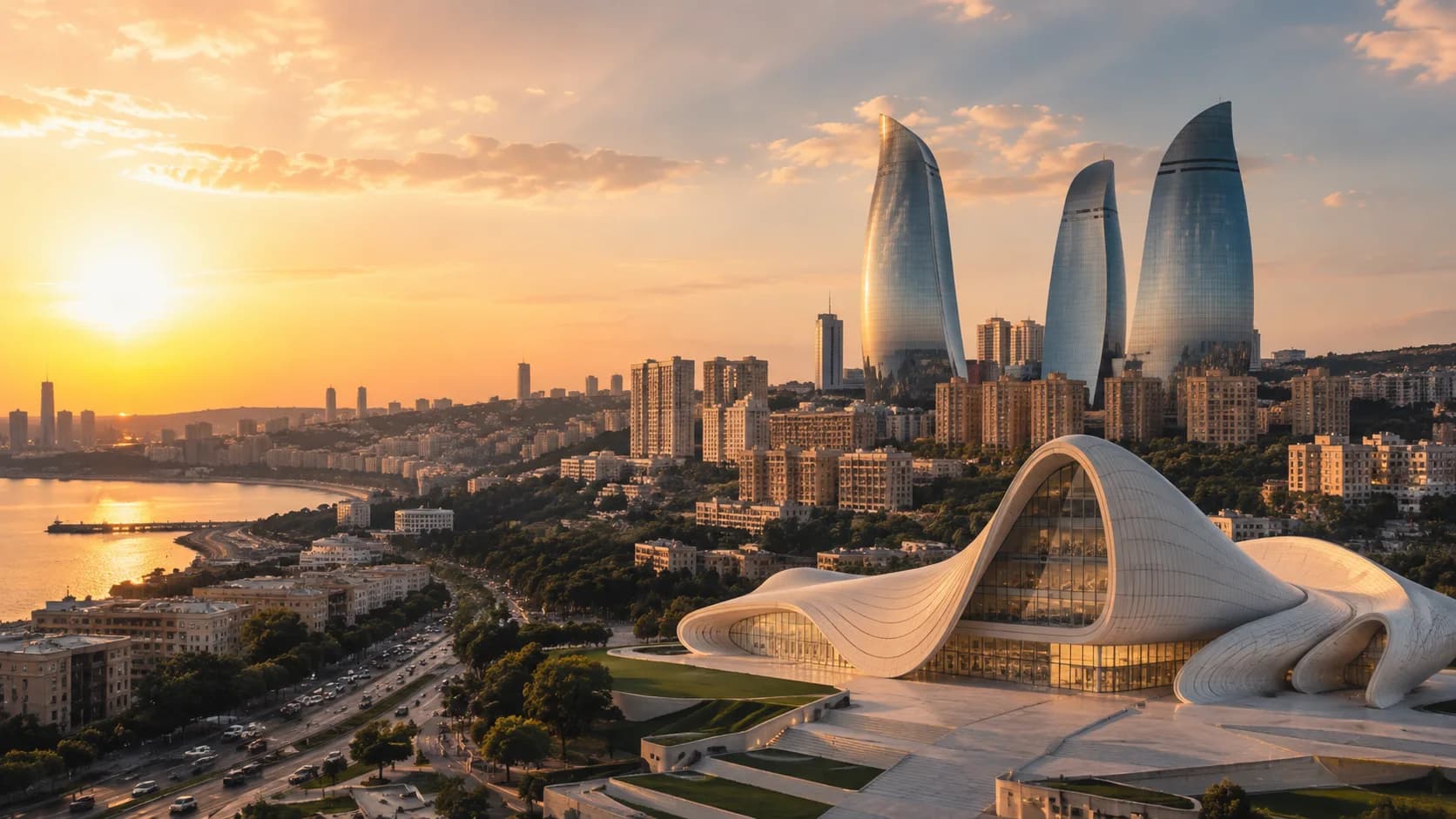 Baku skyline and Flame Towers in Azerbaijan