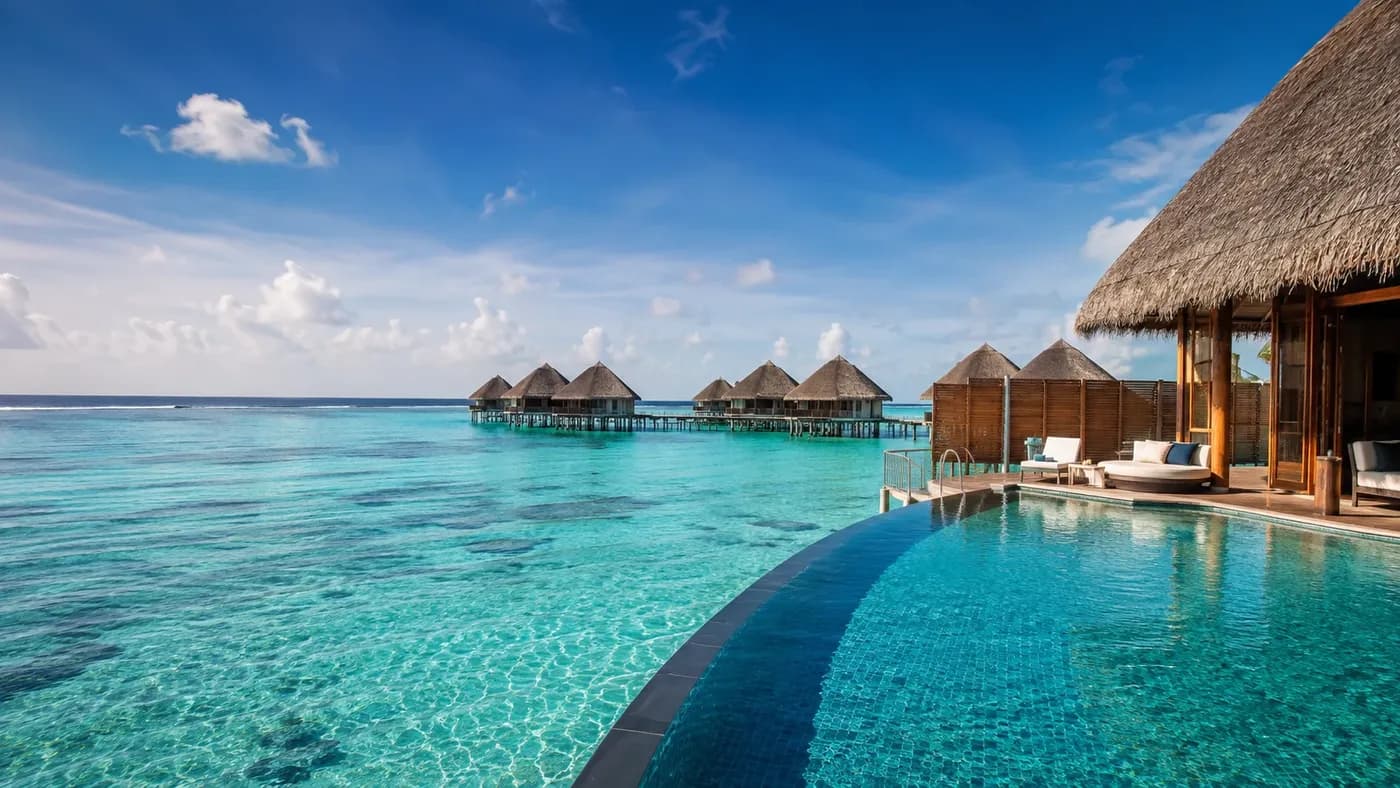 Overwater villas and turquoise lagoon in the Maldives