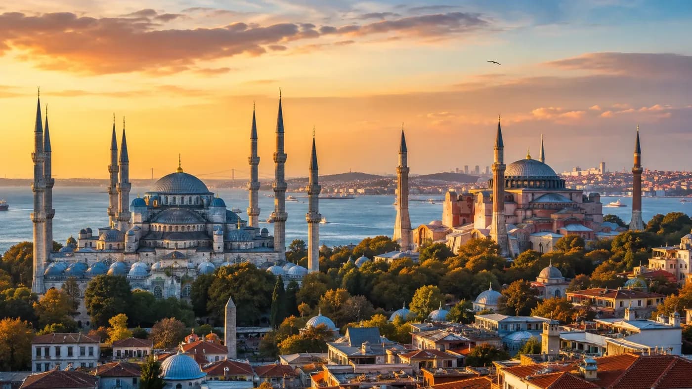 Istanbul skyline featuring Hagia Sophia and the Blue Mosque in Turkey